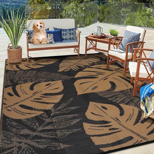 Outdoor Rug 9x18 Patio Waterproof, Foldable Reversible Outdoor Plastic Straw Rug Leaf Mat for Camper Outside Carpet for Rv, Deck, Porch, Picnic, Beach, Balcony Leaf|Black&Brown