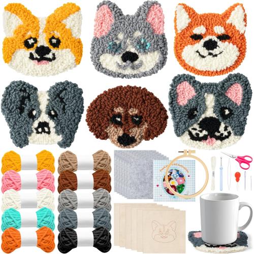 WATINC Puppy Punch Needle Coaster Kit - 6 Patterns Dog Punch Needle Embroidery Craft Kit, DIY Felting Coaster for Adults Beginners with Adhesive Yarns Fabric Felt Hoop Tools Instruction