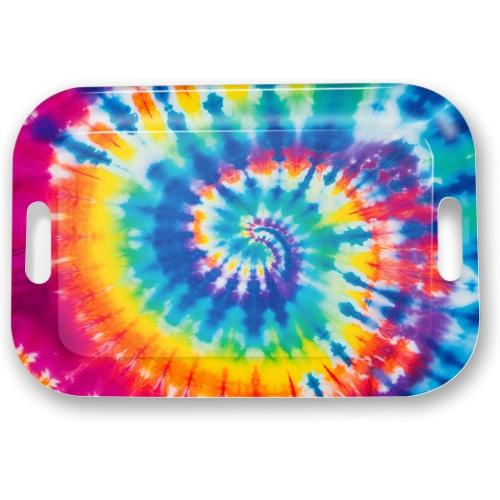 Serving Trays with Handles, 14.5 x 9.8 inch Rectangular Plastic Tray for Restaurant, Kitchen, Tie-Dye Colorful Spiral Patterns