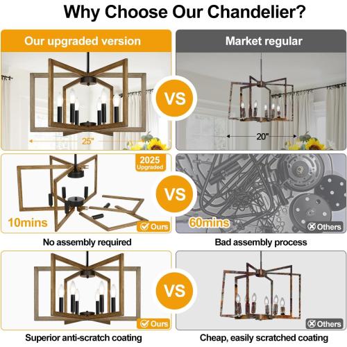 25-61 Height Adjustable Retro Wood Texture Chandelier for Dining Room, No Assembly Required Dining Room Light Fixture Over Table, Industrial Metal Pendant Lights Fixture for Kitchen Island