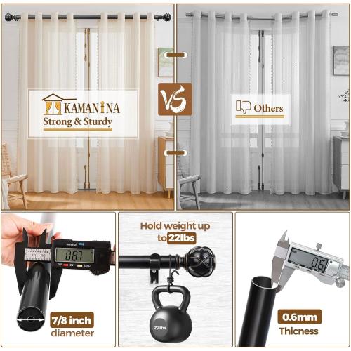 KAMANINA Black Curtain Rod 32 to 58 Inch, Adjustable Heavy Duty Rods | 7/8 Inch Drapery Rods for Windows 28 to 48 Inch, Decorative Netted Texture End, Easy Wall Mount for Living Room, Sliding Door