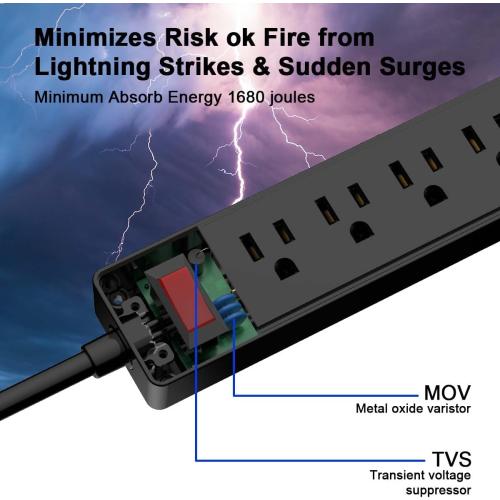 Yintar 6Ft Surge Protector Power Strip with 6 Outlets & 3 USB Ports, Black | 6 Feet Flat Plug Extension Cord with Multiple Outlets for Home, Office, Dorm Essentials, 1680 Joules, ETL Listed