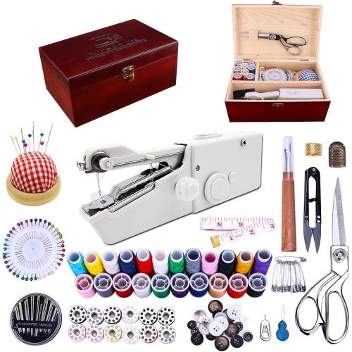 Handheld Sewing Machine, with Elegant Wooden Sewing Box and 153-Piece Sewing Kit, Mini Portable Cordless Hand held Sewing Machine, Perfect for Adults, Beginners, and Quick Home Repairs