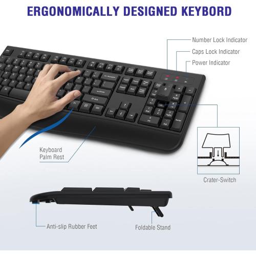 QUASIO Wireless Keyboard, 2.4G Full-Sized Ergonomic Wireless Computer Keyboard with Wrist Rest for Windows, Mac OS Laptop/PC/Desktop/Notebook(Black)