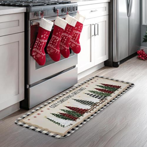 Farmhouse Christmas Kitchen Mats for Floor, Rustic Barn Trees Soft Mats, Holiday Cushioned Non Slip Washable Decor Rugs for Kitchen Sinks Bathroom 16x47 Inch