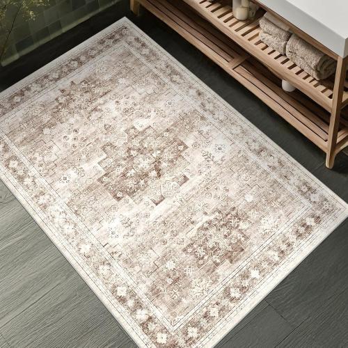 Boho Bathroom Rugs - Washable Non-Slip Soft Low Pile Area Rug for Entryway, Kitchen, and Indoor Spaces - Modern Farmhouse Design, Perfect for Boho Décor (2x3 Beige/Latte)