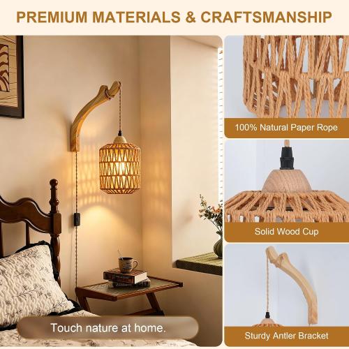 Frideko Rattan Wall Lamp with Plug in Cord Hand Woven Plug in Wall Sconces Paper Rope Wall Light Farmhouse Wall Sconce Wall Mounted Light Boho Wall Sconces Wall Lighting for Bedroom Living Room