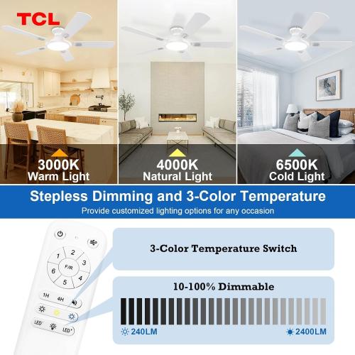 TCL 52 White Low Profile Ceiling Fan with Light & Remote