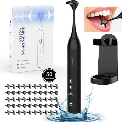 Voraiya Electric Flosser for Teeth Electric Flosser Dental Floss 3 Speed   50 PCS Replacement Heads | Tongue Scraper | Gum Care | Rechargable Ultrasonic Power Flossing for Adults & Kids