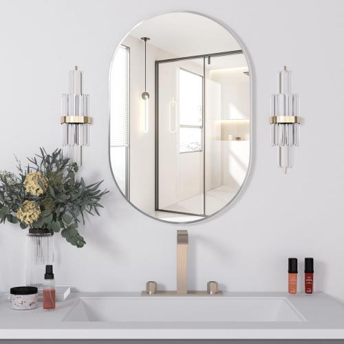 Oval Bathroom Mirror Wall Vanity Oval Mirrors, 20x30 Silver Bathroom Mirrors for Over Sink Pill Mirrors Capsule Wall Mounted Mirror, Modern Mirror with Metal Frame for Wall Decor