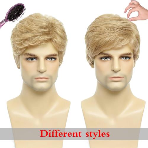 Mens Blonde Wig Short Natural Fluffy Layered Synthetic Wavy Hair Wigs for Men Male Daily Halloween