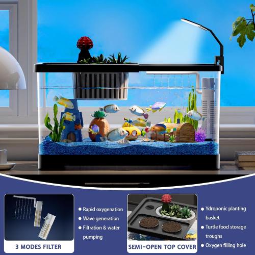 5.3 Gallon Fish Tank, Betta Fish Tank, Starter Kit, Aquarium for Beginner | LED Full Spectrum 3 Color Light, 3 Modes Filter, Hydroponic Basket, Fishing Net, Shells, Aquatic Plant, Coral, Pebbles