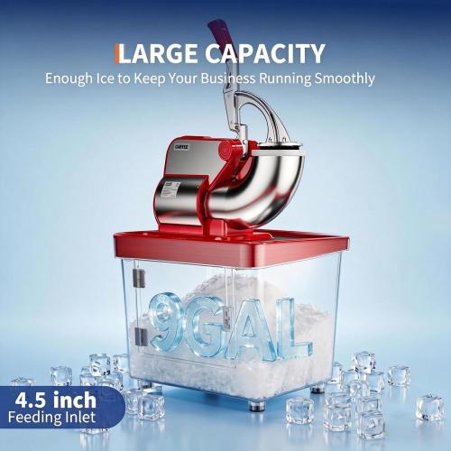 Commercial Ice Crusher 661LBS/H, 300W Electric Snow Cone Machine with 4 Stainless Steel Blades, 1450RPM, 8.98Gal Hopper Shaved Ice Maker with Safety On/Off Switch for Home, Restaurants, Bars, Red