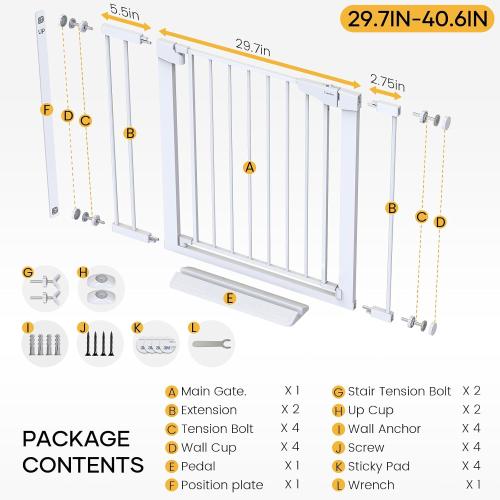 Cumbor 36 Extra Tall Baby Gate for Stairs, 29.7-40.6(Extensions Included) Wide Dog Gate for Doorways, Pressure Mounted Auto-Close Pets Gates for Dogs Indoor, Durable Safety Child Gate, White