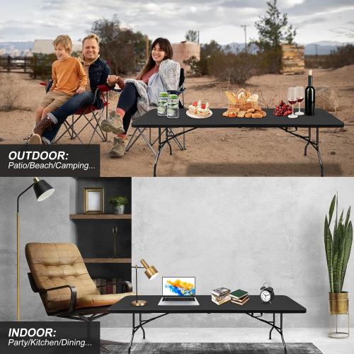 Portable Plastic Folding Table 4ft/6ft/8ft Heavy Duty White Black Picnic Dining Table Fold-in-Half for Camp Party Kitchen Indoor Outdoor
