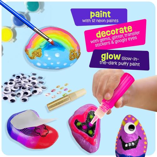 Dan&Darci Kids Rock Painting Kit - Glow in The Dark - Gifts Arts & Crafts for Boys and Girls Ages 6-12 - Craft Activities Kits - Creative Art Toys for 6, 7, 8, 9, 10, 11 & 12 Year Old Kid