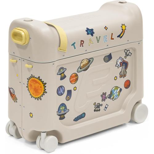 Stokke JetKids BedBox, Moonglow White - Ride-On Suitcase for Kids 2-7 Years Old (up to 77 lbs) - Transforms Into Bed - Includes Mattress, Decorative Stickers & Adjustable Carrying Strap