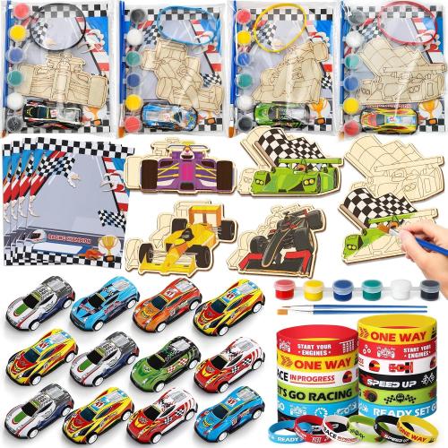 Race Car Party Favors for Kid, Racecar Wodden Painting Crafts Kit Mini Pull Back Cars Silicone Bracelets Boy Birthday Goodie Bag Stuffer Filler Class Prize Racing Birthday Party Supplies Decor