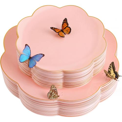 supernal 60Pcs Pink Scalloped Plastic Plates with Gold for Party Wedding