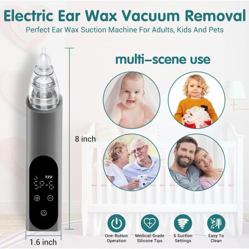 Ear Wax Vacuum Removal Tool, 6 Gear Strong Suction Electric Ear Cleaner Ear Vacuum Wax Remover, USB Charge Ear Wax Suction Removal Kit, Ear Wax Suction Remover Device for Adults and Kids