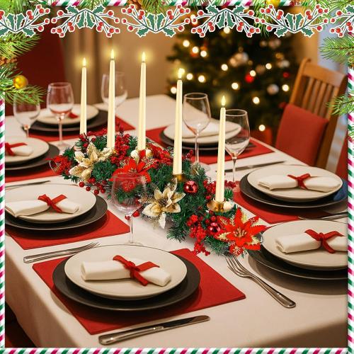 Sliner Christmas Tabletop Centerpiece 30 Inch Poinsettia Candle Holder with 5 Bullet Head LED Flameless Long Candle Artificial Christmas Table Decorations for Home Party, Not Include Battery