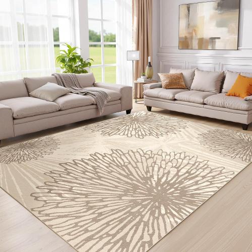 WITSHOCK 8x10 Area Rugs for Living Room: Beige Floral Washable Rugs for Bedroom Dining Room Office Nursery Modern Non-Slip Stain Resistant Low Pile Home Decor（Beige/Brown,8'x10'）