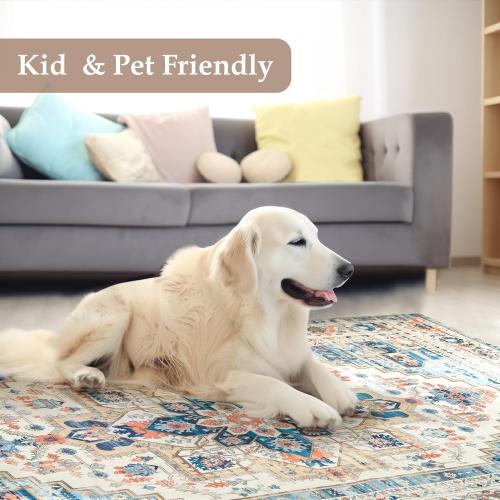 DriftAway Area Rug 5x7 Washable Rugs for Living Room Non Slip Rubber Backing Low Pile Non Shedding Carpet Friendly Boho Foldable Vintage Rugs for Bedroom Dining Room Beige Dark Blue Orange