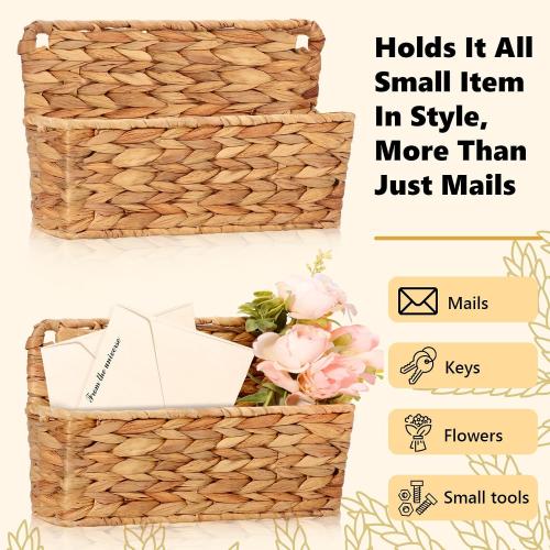 2 Pcs Woven Mail Holder Wall Mount Basket 9.25x1.57 Inch Rattan Wall Letter Holder Wicker Wall Basket Storage Water Hyacinth Hanging Storage Basket with Hooks for Mail Envelope Office