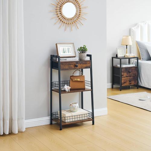 Gewudraw 3-Tier Bathroom Ladder Shelf with Storage Drawer, Rustic Brown