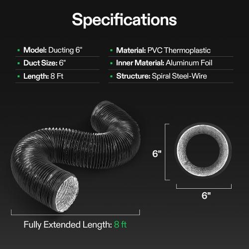 VIVOSUN 6 Inch 8 Feet Flexible Aluminum Ducting with 2 Clamps, Black