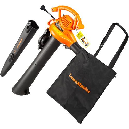 LawnMaster BV1210 Electric Blower Vacuum Mulcher 12 Amp 2-Speed Adjustment with Metal Impeller 240 MPH 380 CFM 16:1 Mulch Ratio with Collection Bag
