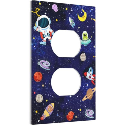 Cartoon Astronaut Galaxy Outer Spcae 1 Gang Device Electrical Duplex Outlet Plate Covers Decorative Single Duplex Wall Plate Receptacle Light Switch Cover Switchplate