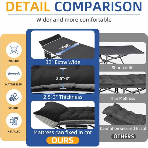 Camping Cot with Mattress, 32 Extra Wide Camping Cots for Adults, Sleeping Cot for Adults Holds Up to 600LBS, Cots for Sleeping, Camp, Rv, Beach, Patio, Office Naps(Black)