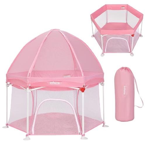 INFANS Baby Playpen with Removable Mesh & UV Canopy, 53 Portable Playhouse with Carry Bag, Dome, Padded Floor, Easy Folding Playard Activity Center (Light Pink)