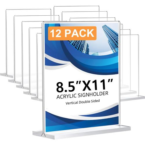 12 Pack Acrylic Sign Holder 8.5 x 11, Double-Sided Clear Sign Holder Plastic Stands for Display, T Shape Acrylic Table Sign Stands for Office Store Restaurants Wedding Party Decoration
