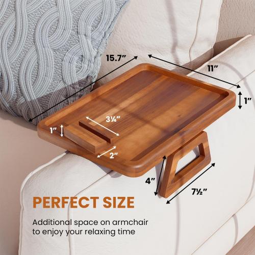 Tinamo 15.7 x 11 Large Couch Arm Table with 360 Rotating Phone Holder - Sofa Arm Clip Table for Living Room - Sofa Armrest Tray Wide Couches - Wooden Side Tables for Eating and Drink (Acacia Wood)