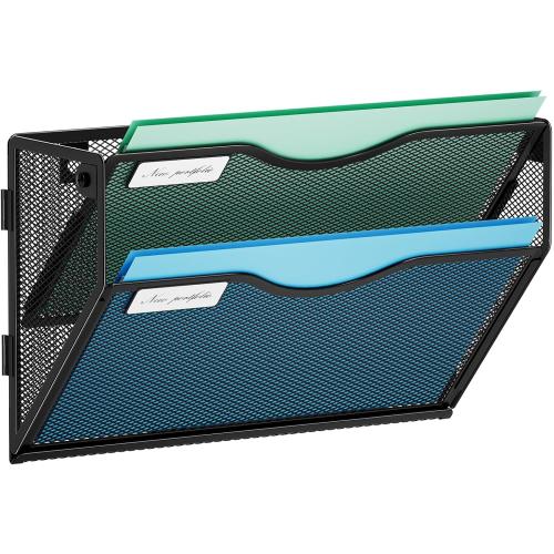 Marbrasse Wall File Holder 2-Tier Hanging Wall File Organizer, Mesh Mail Holder for Papers, Wall Mount File Clipboard & Magazine Organizer Great for Office Home (Black)