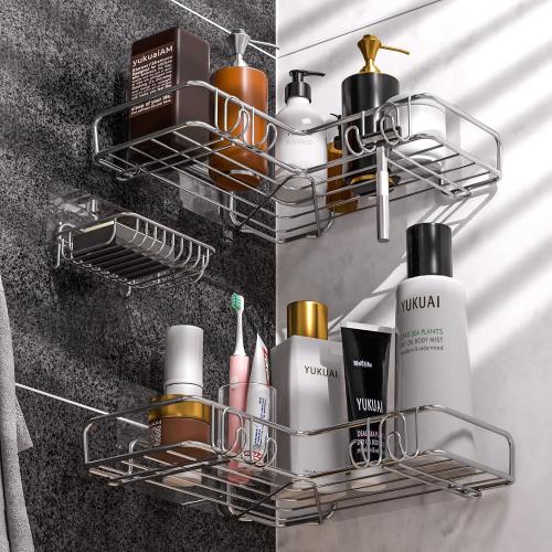 Vdomus Corner Shower Caddy Shelf, No Drilling Traceless Adhesive Rust Proof Stainless Steel Shampoo Holder with Soap Holder, Bathroom Organizer Wall Shelf Basket Rack with Hooks, 3 Pack