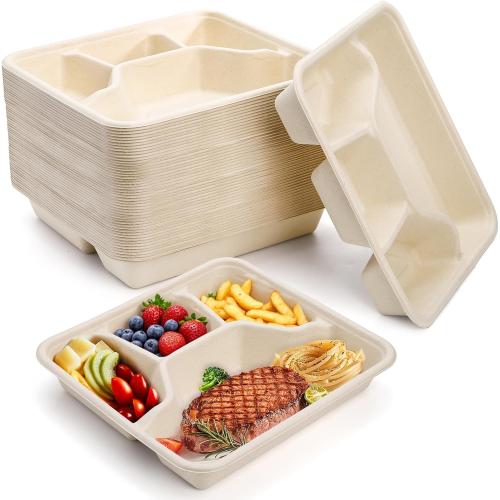 TOPZEA 50 Pack 4 Compartment Disposable Paper Plates, 9.4x 8.6 Compostable Deep Divided Plates Heavy Duty Bagasse School Lunch Tray, Sugarcane Sectional Plate Food Containers for Dinner Buffet Party