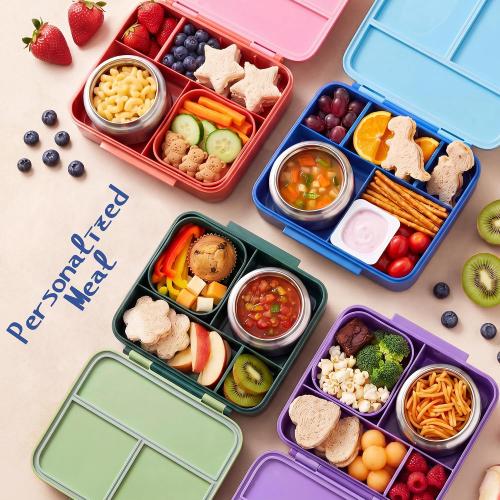 Bento Lunch Box for Kids with 8oz Soup Thermo Leak-Proof Lunch Food Containers with Snack Sauce Container for Kid Girls Boys to School, Green Bag