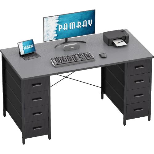 Pamray 47 Inch Computer Desk with 8 Fabric Drawers PC Gaming Desk Home Office Study Work Writing Table for Bedroom Grey