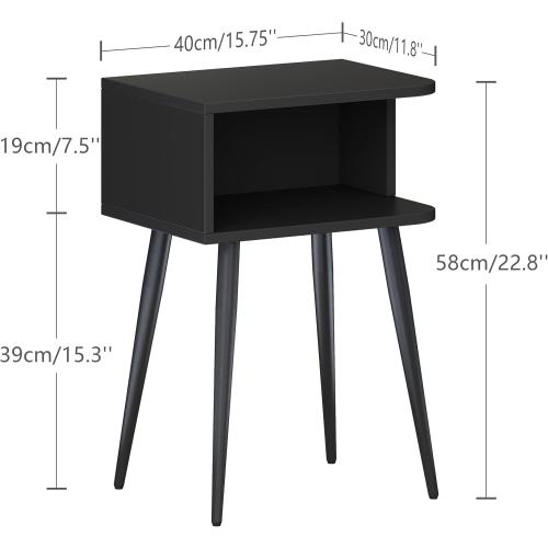Black Nightstand Set of 2, Small Bed Side Table for Small Spaces, Mid Century Modern Nightstand End Table with Open Storage, Side Table for Bedroom Living Room, MLBZ20B-2
