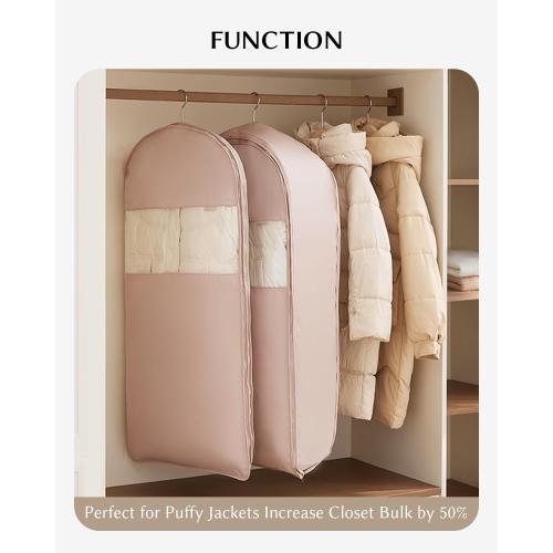 Beige Garment Bag for Hanging Clothes, Space Saving Dustproof Clothes Cover with Self-Compression Zipper, Visible Closet Organizer for Closet Storage (2 Each)