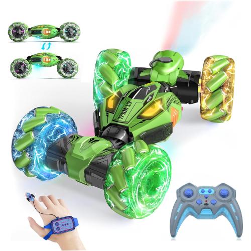 Gesture Sensing RC Stunt Cars - Toys for Boys Girls 6-12 | Best Gifts for Kids 6-12 Years Old | 4WD 360° Rotating Remote Control Transform Car | All-Terrain Off Road Vehicle with Lights Music Green