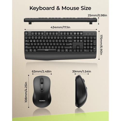 seenda Wireless Bluetooth Keyboard and Mouse Combo, COE200 Ergonomic Wireless Keyboard Mouse with Wrist Rest, Multi-Device Connection, Full-Size, Compatible for Computer/Laptop/Mac/MacBook, Black