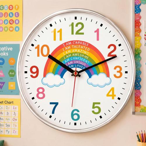 Gerrii Boho Rainbow Teaching Clock for Classroom, 8 Inch Silent Non-Ticking