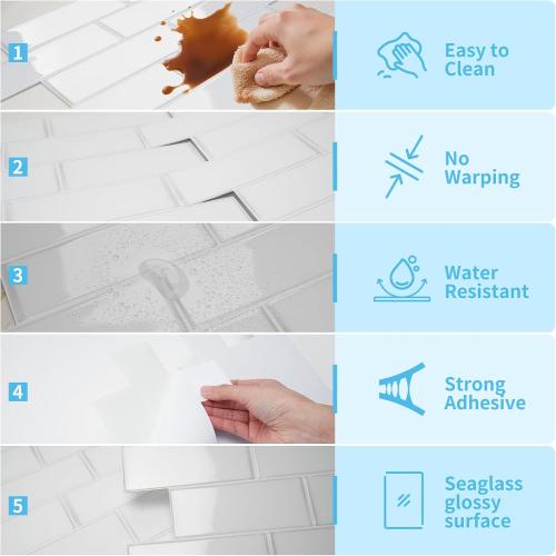 Art3d Subway Design Wall Tile, Peel and Stick Backsplash, 10-Pack, White