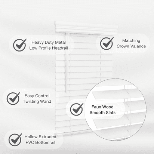 Lotus & Windoware Cordless 2 Faux Wood Room Darkening Horizontal Blind, 30 1/2 W x 60 L, Bright White, Smooth