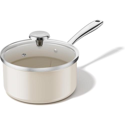 Redchef Ceramic Sauce Pan with Lid, 3.5QT Small Saucepan, Nonstick Cooking Pot with Stay-Cool Handle, Kitchen Non Toxic Soup Pot, PTFE & PFOA Free, Oven Dishwasher Safe, Compatible All Stovetops-Beige