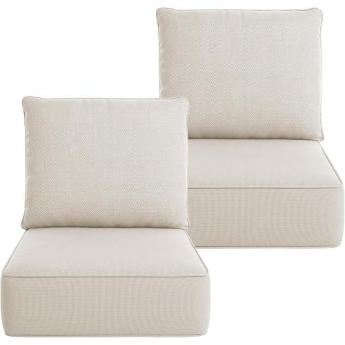 Outdoor Chair Cushions 24 x 24 x 6 Inch, 100% Olefin Patio Furniture Cushions, Water & Fade Resistant Deep Seat Replacement Set with 30D Foam and 7 Inch Back Pillow, Set of 2, Beige